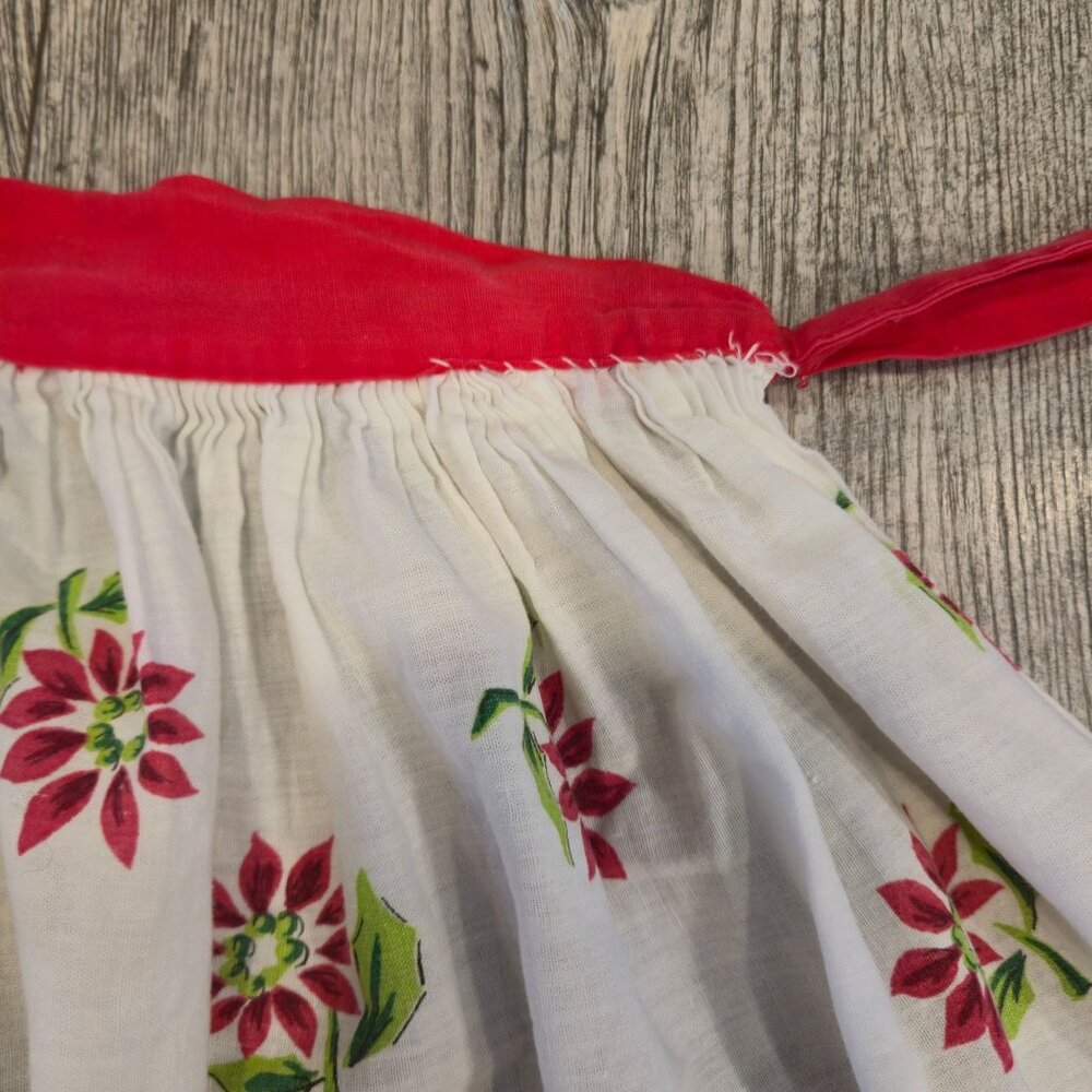 Vintage Christmas Apron Poinsettia Floral Print red Waist Ties Holiday Hostess - Picture 8 of 10